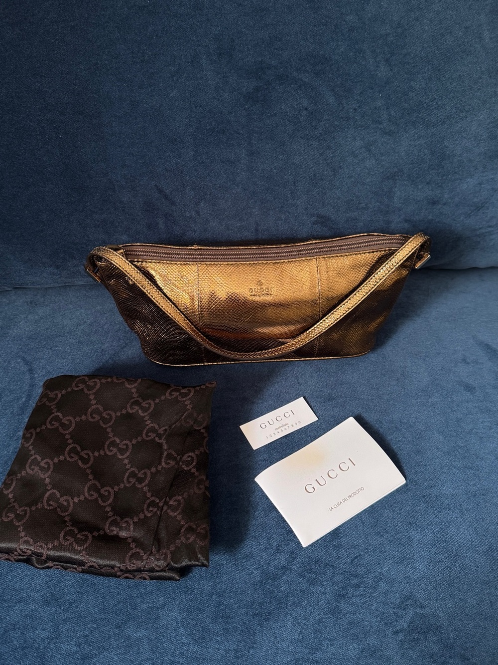 Vintage 90’s Gucci metallic bronze karung Python "boat" pochette shoulder bag